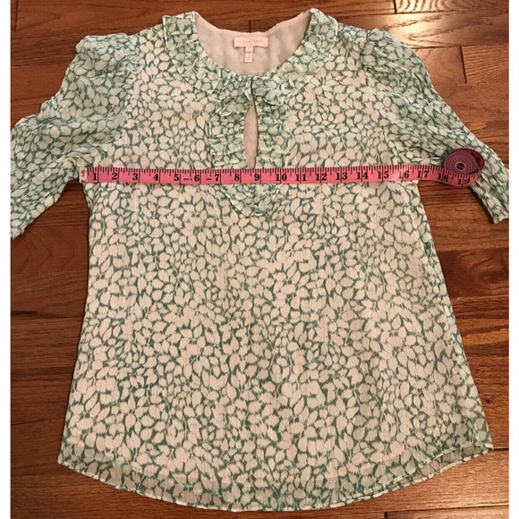 Rebecca Taylor Ikat Lurex Metallic Green/White Leaf Ruffle Blouse - Size 2 - Picture 8 of 12
